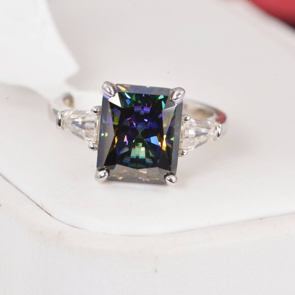 Certified 5.5ct Rainbow Blue Emerald Cut Engagement Moissanite Ring 925 - Picture 1 of 4